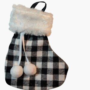 Holiday Time Black White Plaid Christmas Stocking Ornament Pom Poms